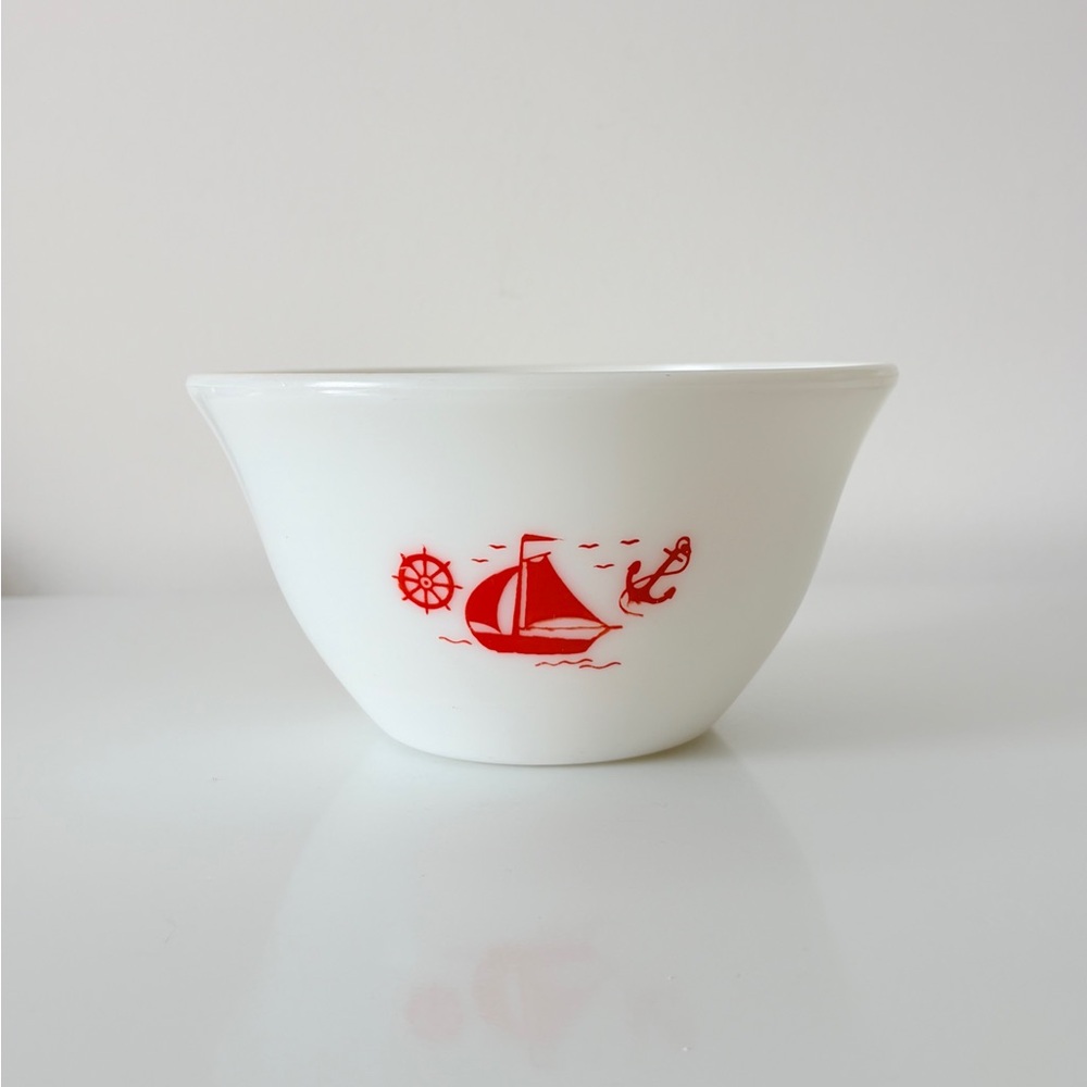 Vintage McKee Milk Glass Red Sailboat Mixing Bowl 8” Nautical 1930s - 1950s